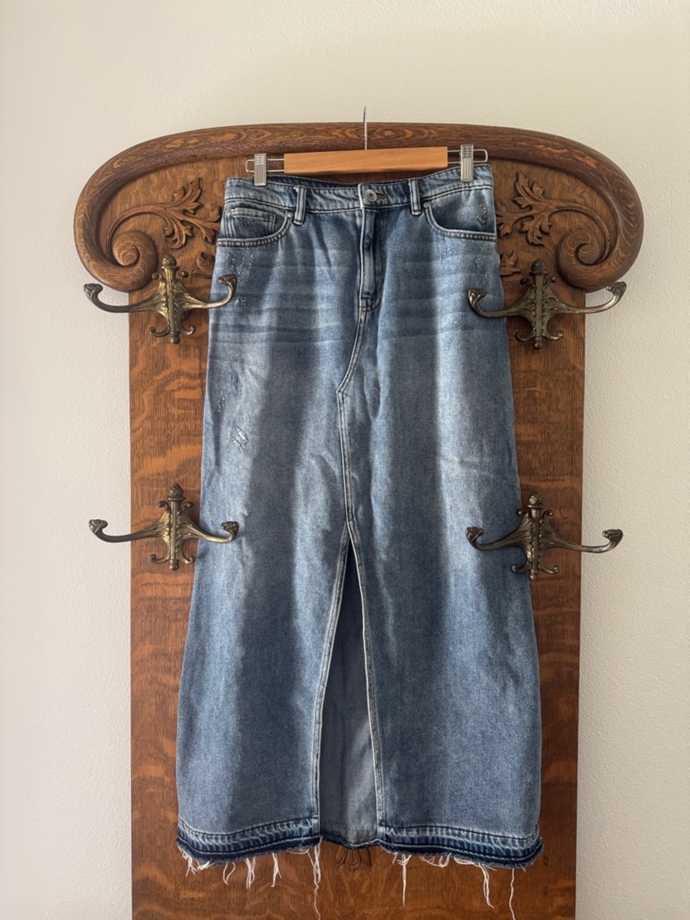 INC International Concepts Faded Blue Denim Maxi Skirt with Front Slit